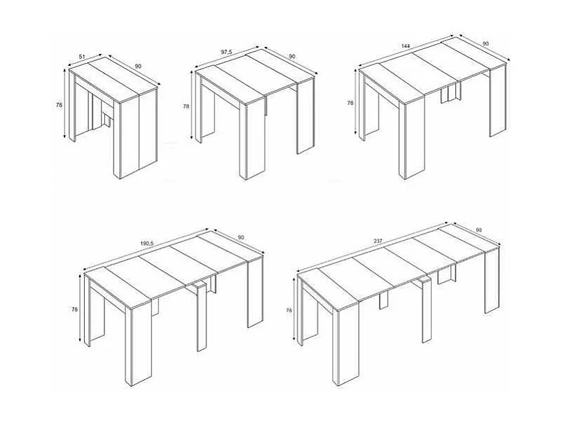 Mesa comedor Paris 5 posiciones. 90x50 cm extensible hasta 237x90 cm.