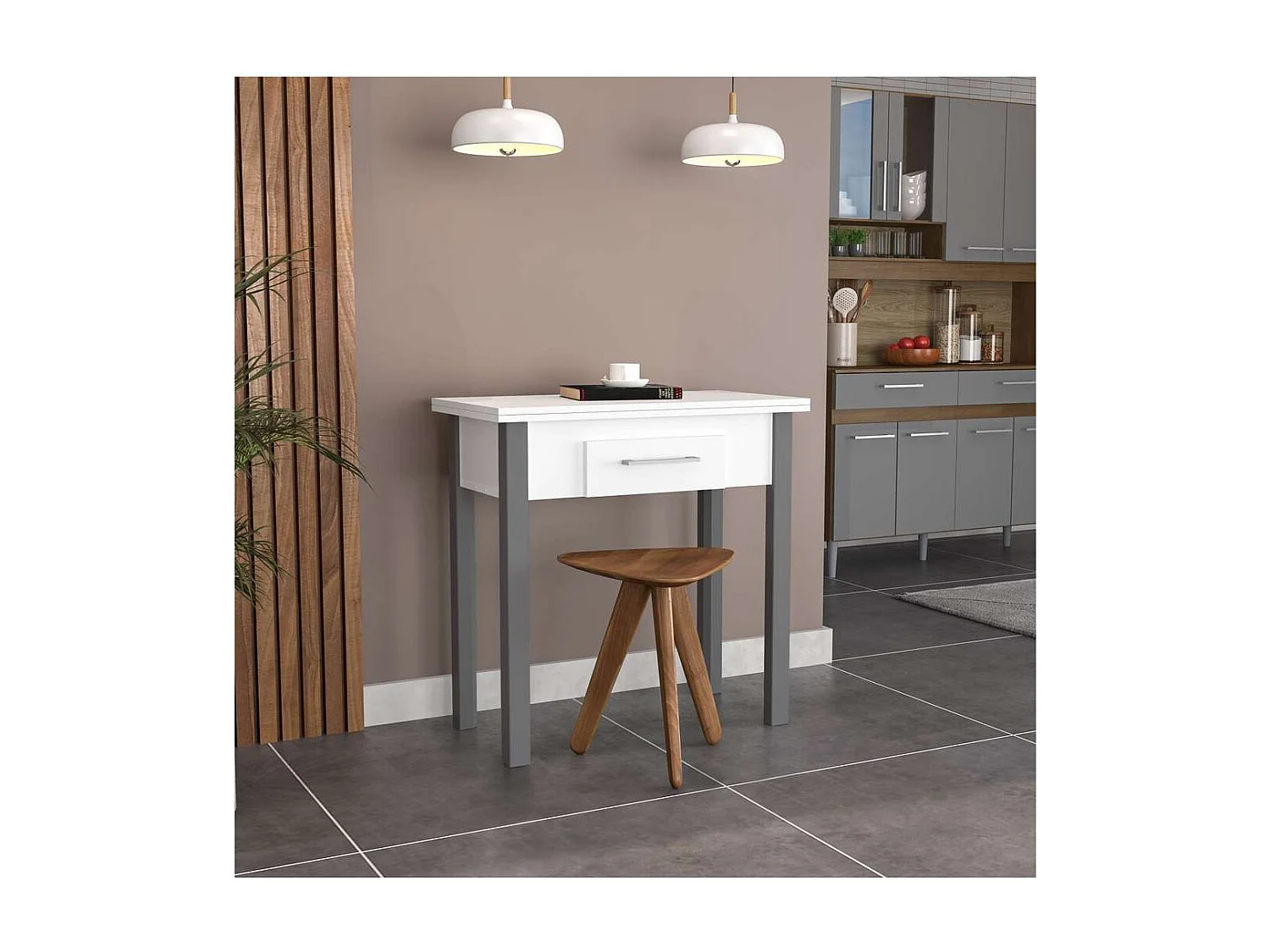 Mesa para cocina, comedor abatible 1 cajón Md-Bety acabado blanco/gris, 80cm(ancho) 75cm(