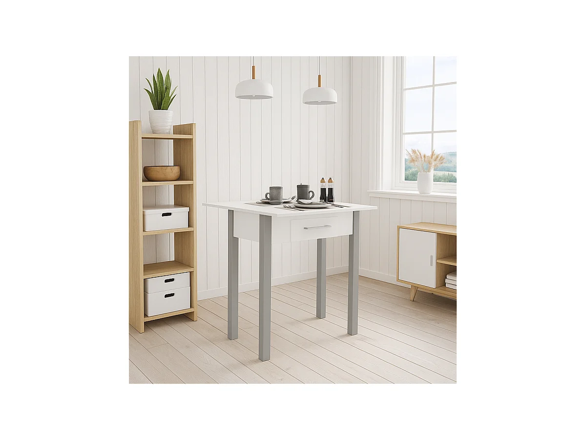 Mesa para cocina, comedor abatible 1 cajón Md-Bety acabado blanco/gris, 80cm(ancho) 75cm(