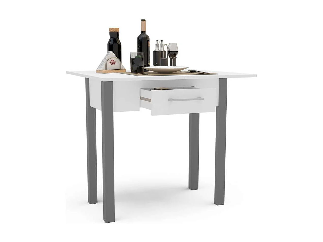 Mesa para cocina, comedor abatible 1 cajón Md-Bety acabado blanco/gris, 80cm(ancho) 75cm(