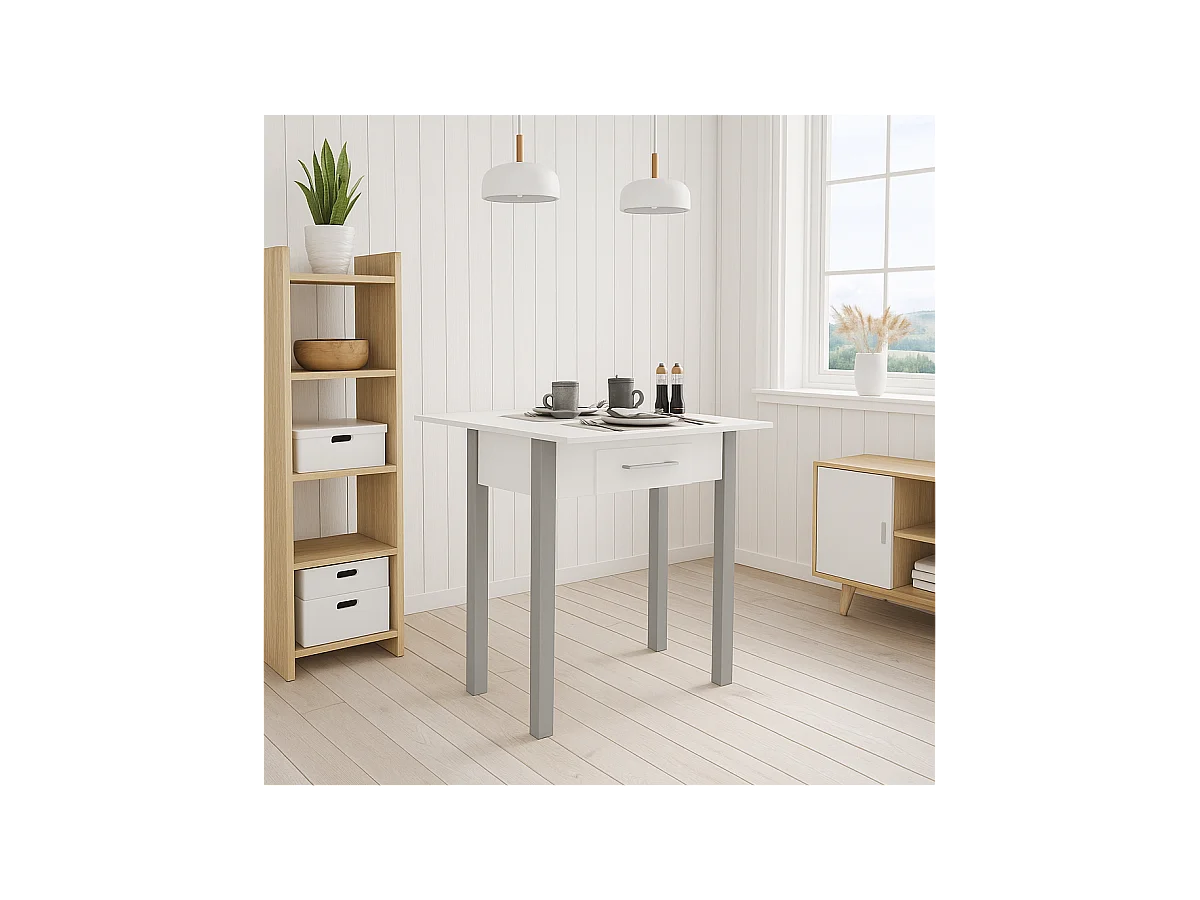 Mesa para cocina, comedor abatible 1 cajón Md-Bety acabado blanco/gris, 80cm(ancho) 75cm(