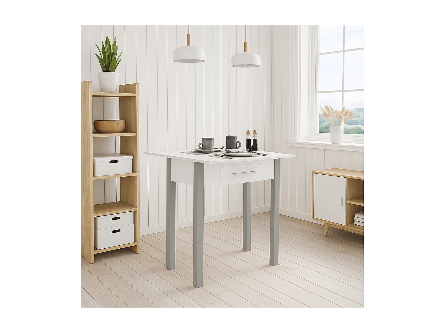 Mesa para cocina, comedor abatible 1 cajón Md-Bety acabado blanco/gris, 80cm(ancho) 75cm(