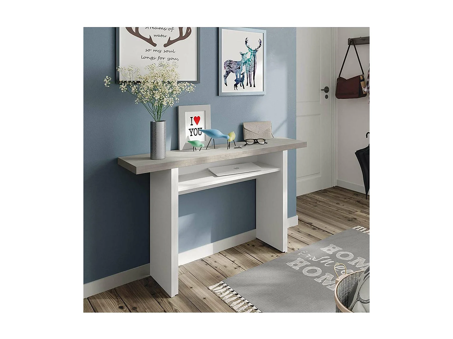 Mesa consola o cocina desplegable Gio en blanco Artik y gris Cemento  120 cm(ancho) 77 cm(