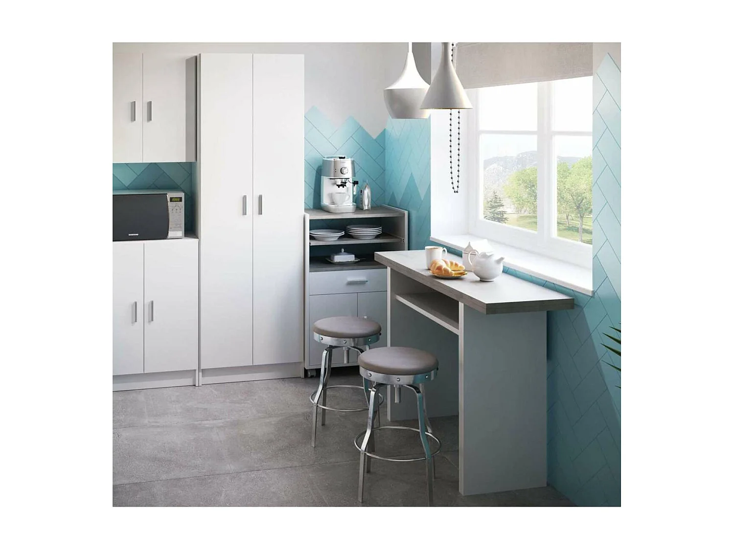 Mesa consola o cocina desplegable Gio en blanco Artik y gris Cemento  120 cm(ancho) 77 cm(