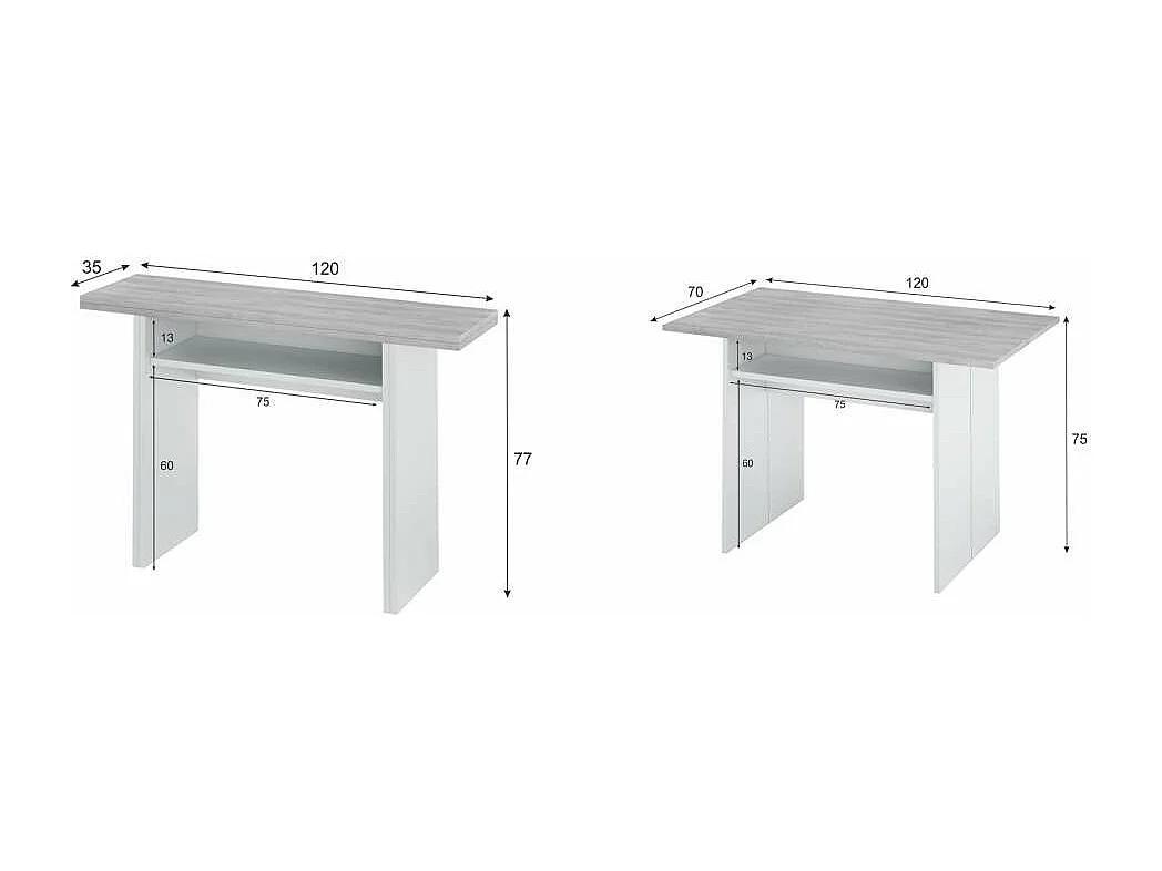 Mesa consola o cocina desplegable Gio en blanco Artik y gris Cemento  120 cm(ancho) 77 cm(