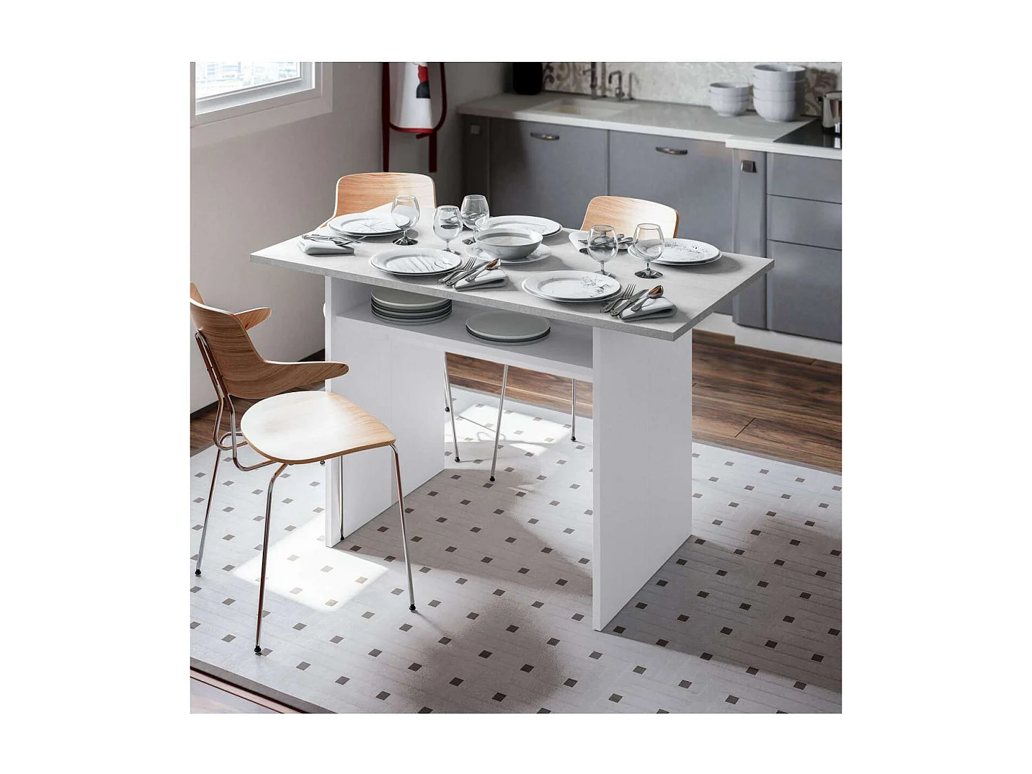 Mesa consola o cocina desplegable Gio en blanco Artik y gris Cemento  120 cm(ancho) 77 cm(