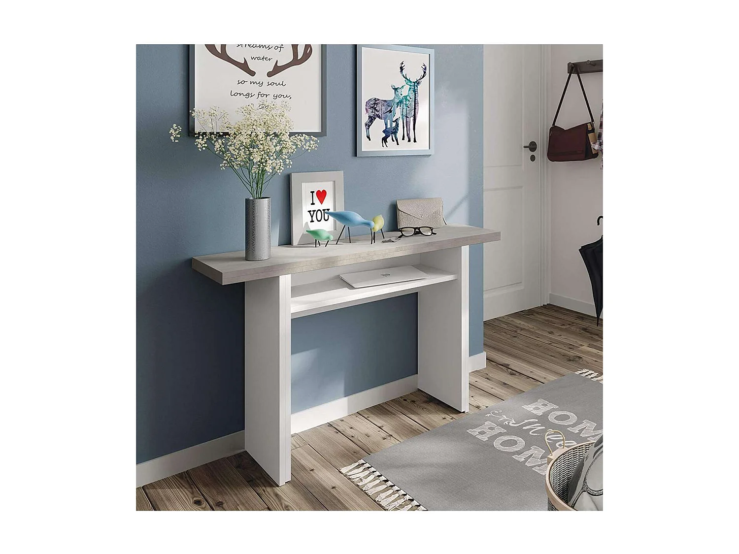 Mesa consola o cocina desplegable Gio en blanco Artik y gris Cemento  120 cm(ancho) 77 cm(