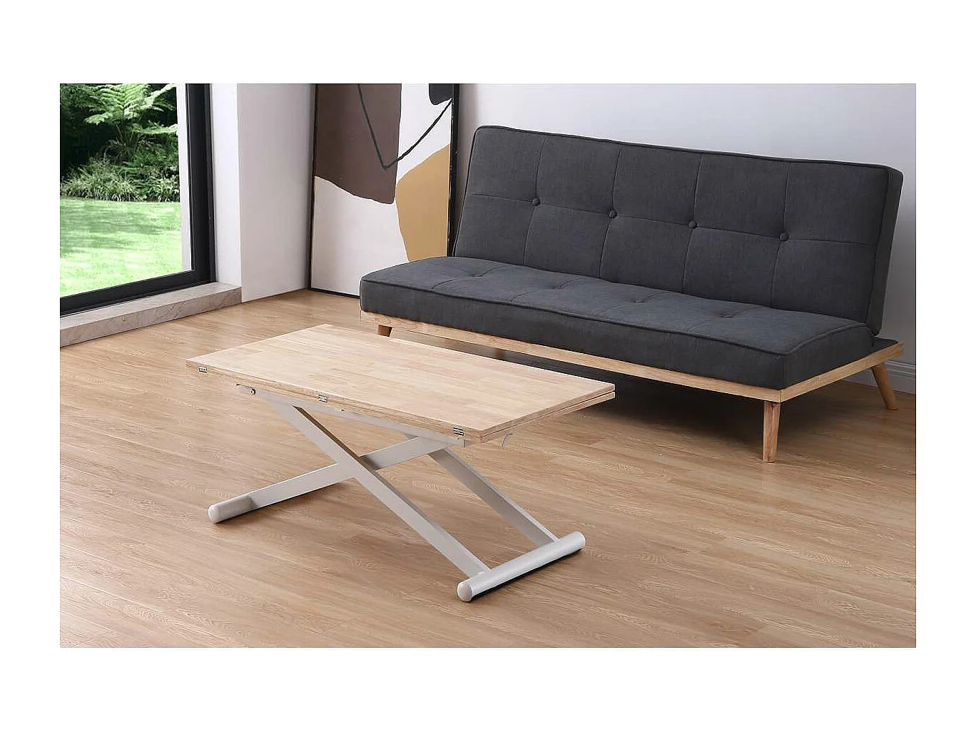 Mesa centro elevable y extensible Natural acabado roble patas blancas, 57-114 cm(fondo) 11