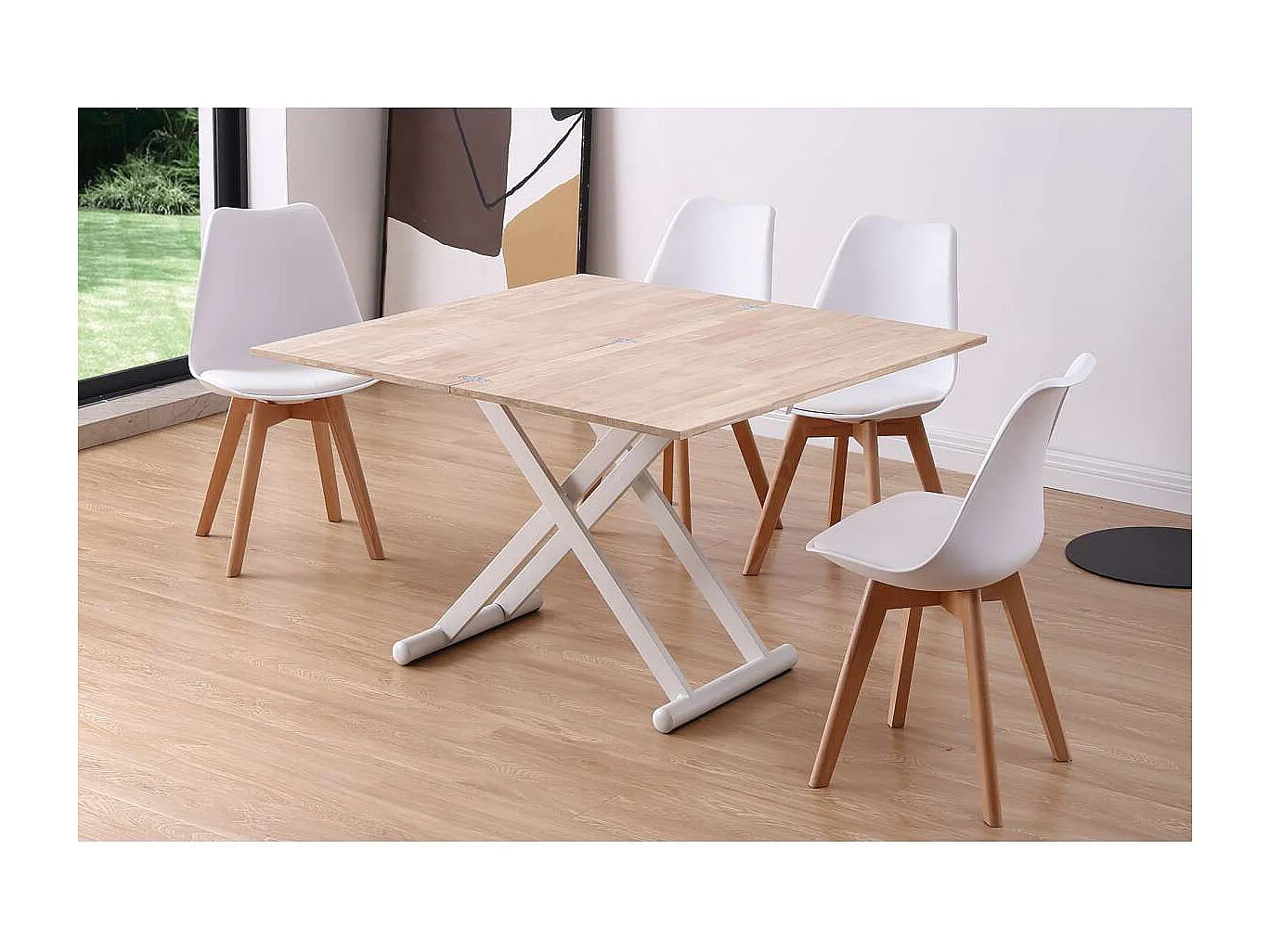 Mesa centro elevable y extensible Natural acabado roble patas blancas, 57-114 cm(fondo) 11