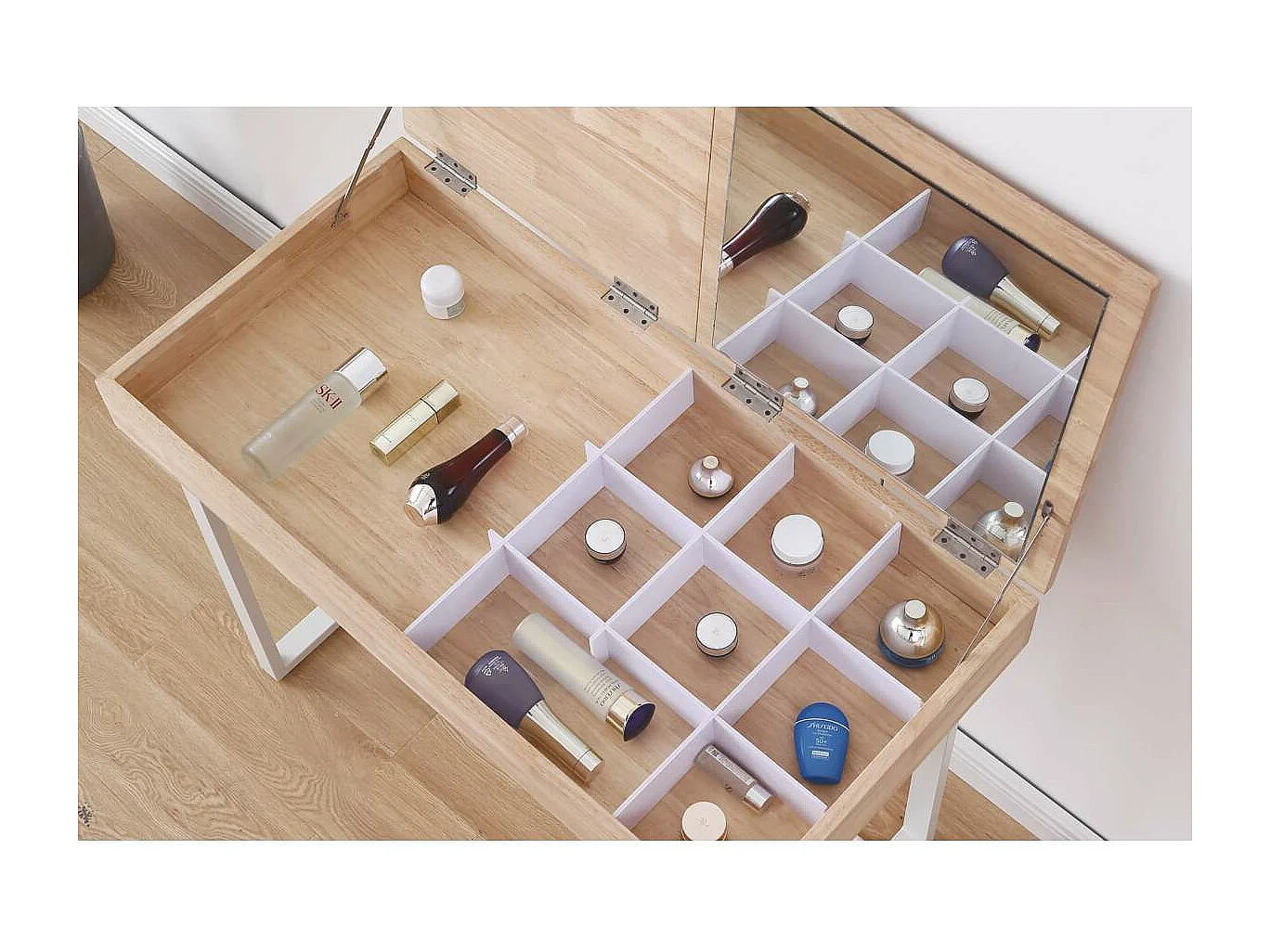 Mesa Tocador con espejo Pretty acabado roble nordish con blanco 76 cm(alto) 100 cm(largo)