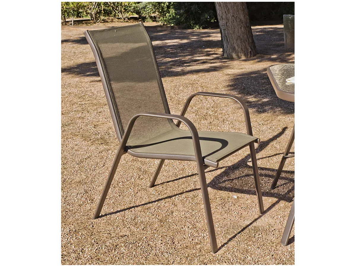 Pack de 2 Sillones acero/textilen Macao-3 apilables bronce. 94 cm(alto) 54 cm(ancho)84 cm(