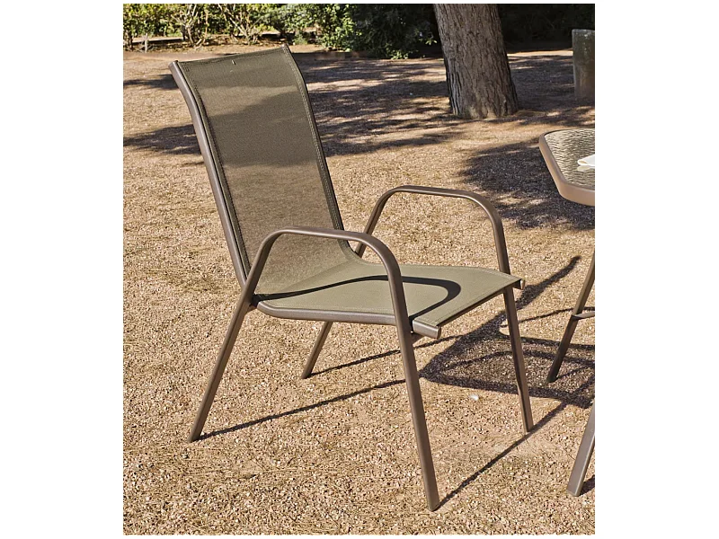 Pack de 4 sillones acero/textilen Macao-3 apilables bronce. 94 cm(alto) 54 cm(ancho)84 cm(