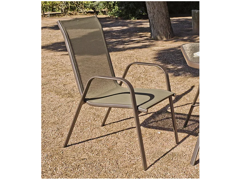 Pack de 4 sillones acero/textilen Macao-3 apilables bronce. 94 cm(alto) 54 cm(ancho)84 cm(
