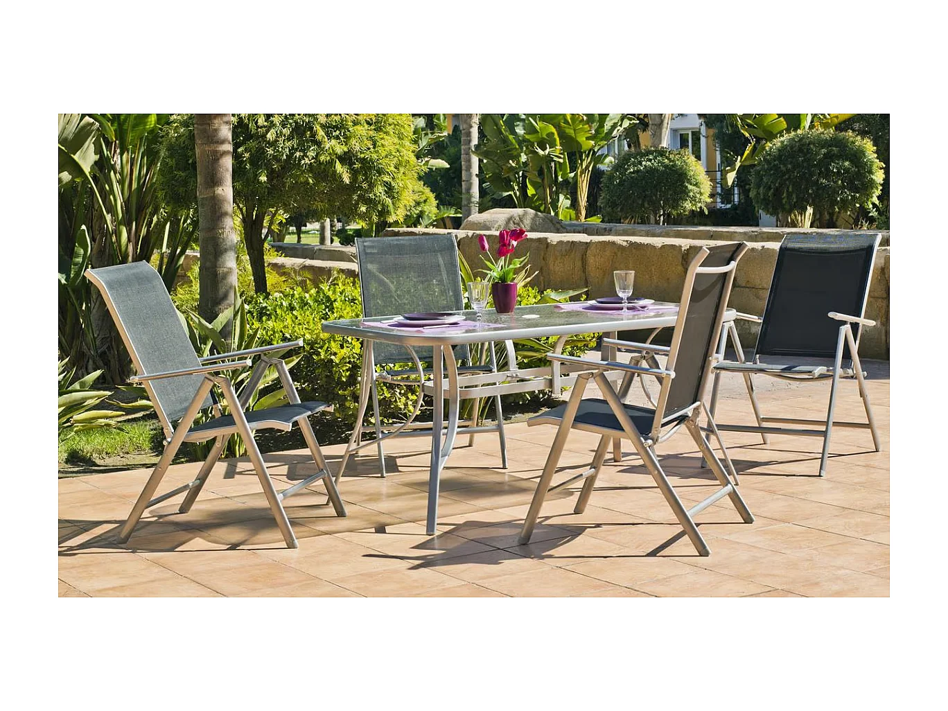 Pack 4 sillones o tumbonas acero/textilen Seul-5 plegables