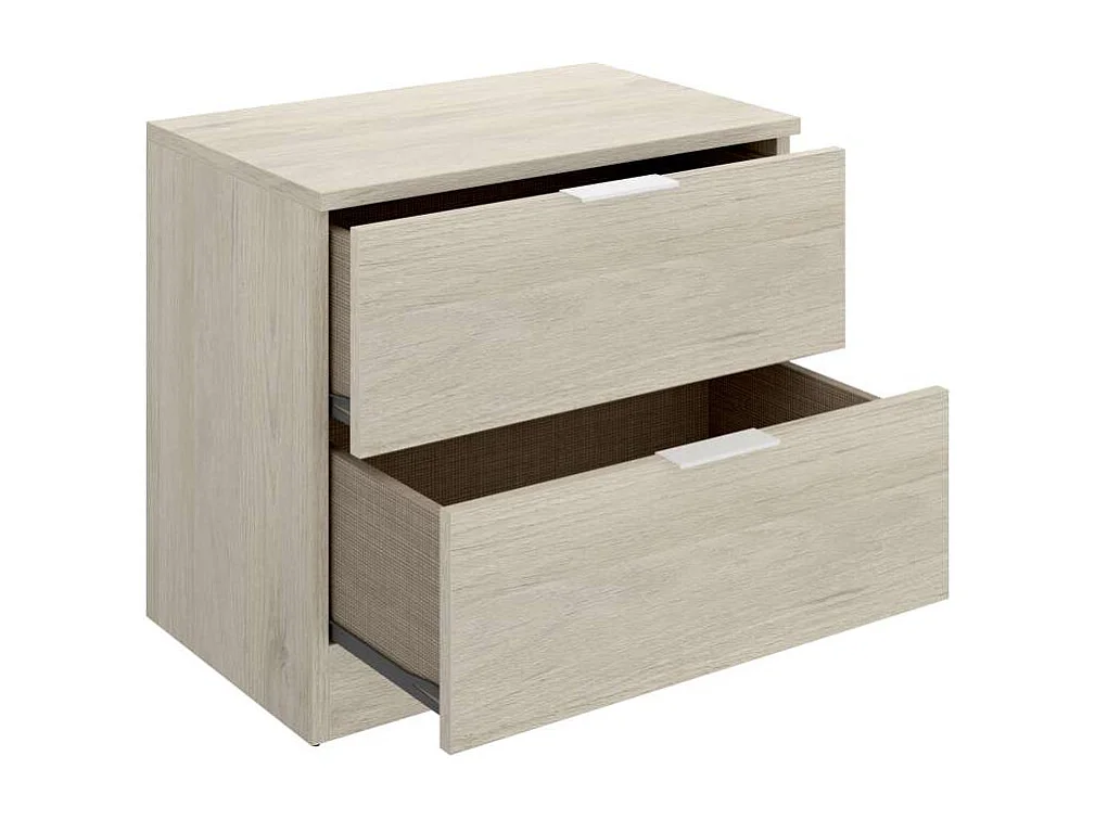 Mesita de noche con 2 cajones acabado natural, 45.5cm(alto) 50cm(ancho) 34cm(fondo)