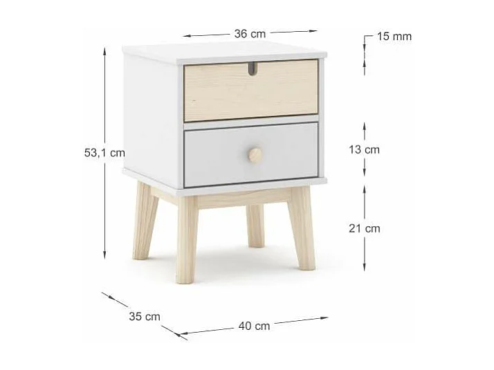 Mesita de noche para dormitorio Estela 2 cajones acabado blanco/cera blanca, 40cm(ancho) 5