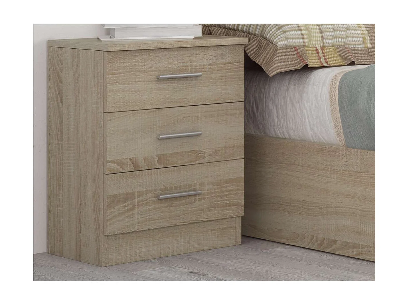 Mesita de noche con 3 cajones acabado cambrian, 66cm(alto) 46cm(ancho) 33cm(fondo)