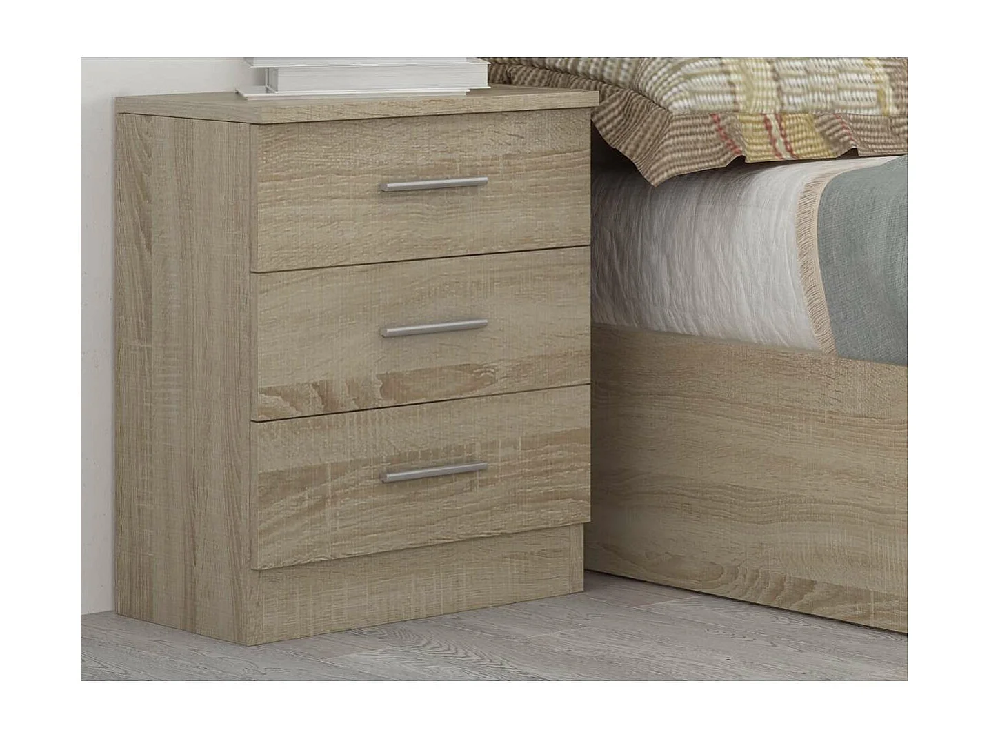 Mesita de noche con 3 cajones acabado cambrian, 66cm(alto) 46cm(ancho) 33cm(fondo)