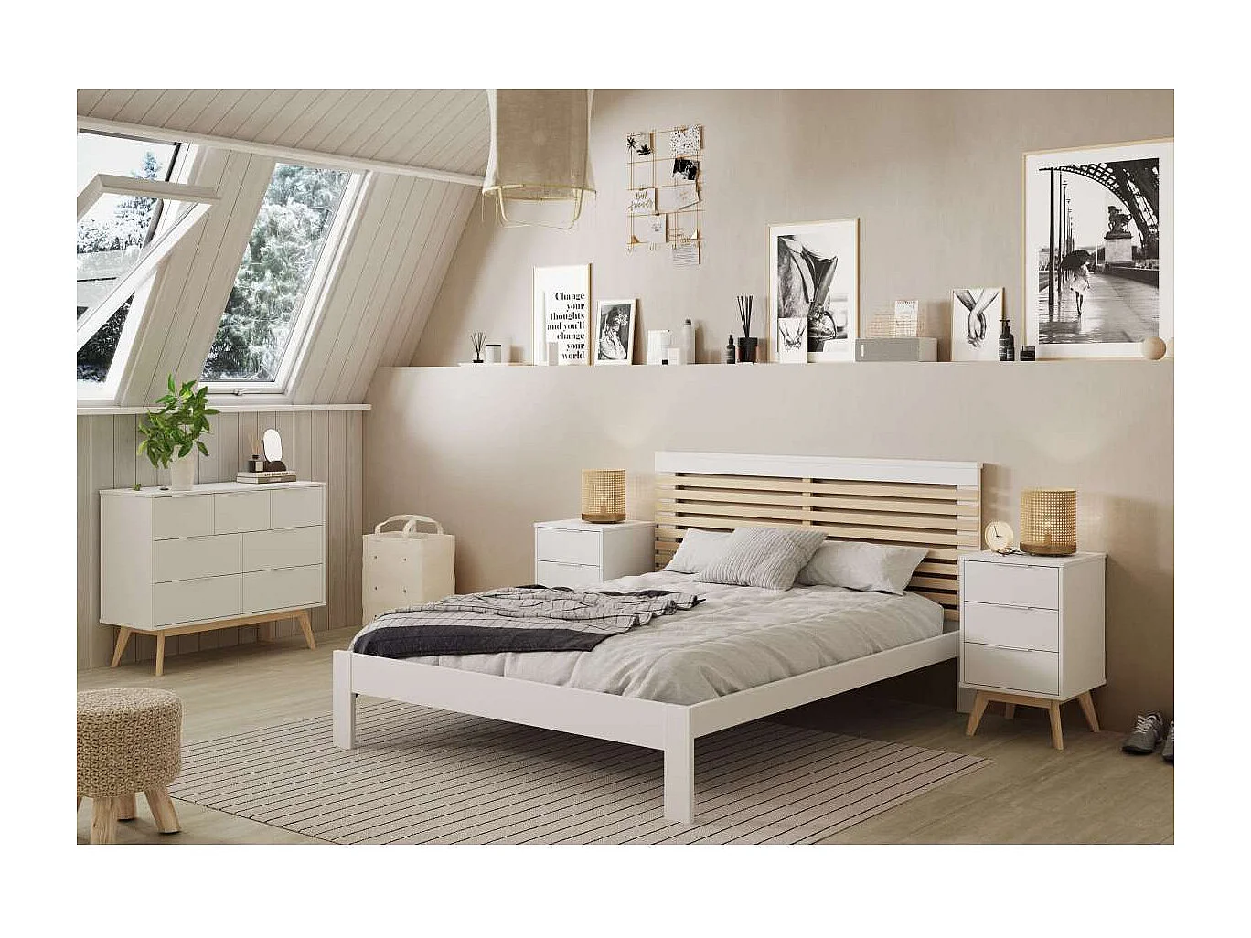 Mesita de noche 3 cajones Campos acabado blanco/blanco cera, 65cm(alto) 40cm(ancho) 35cm(f