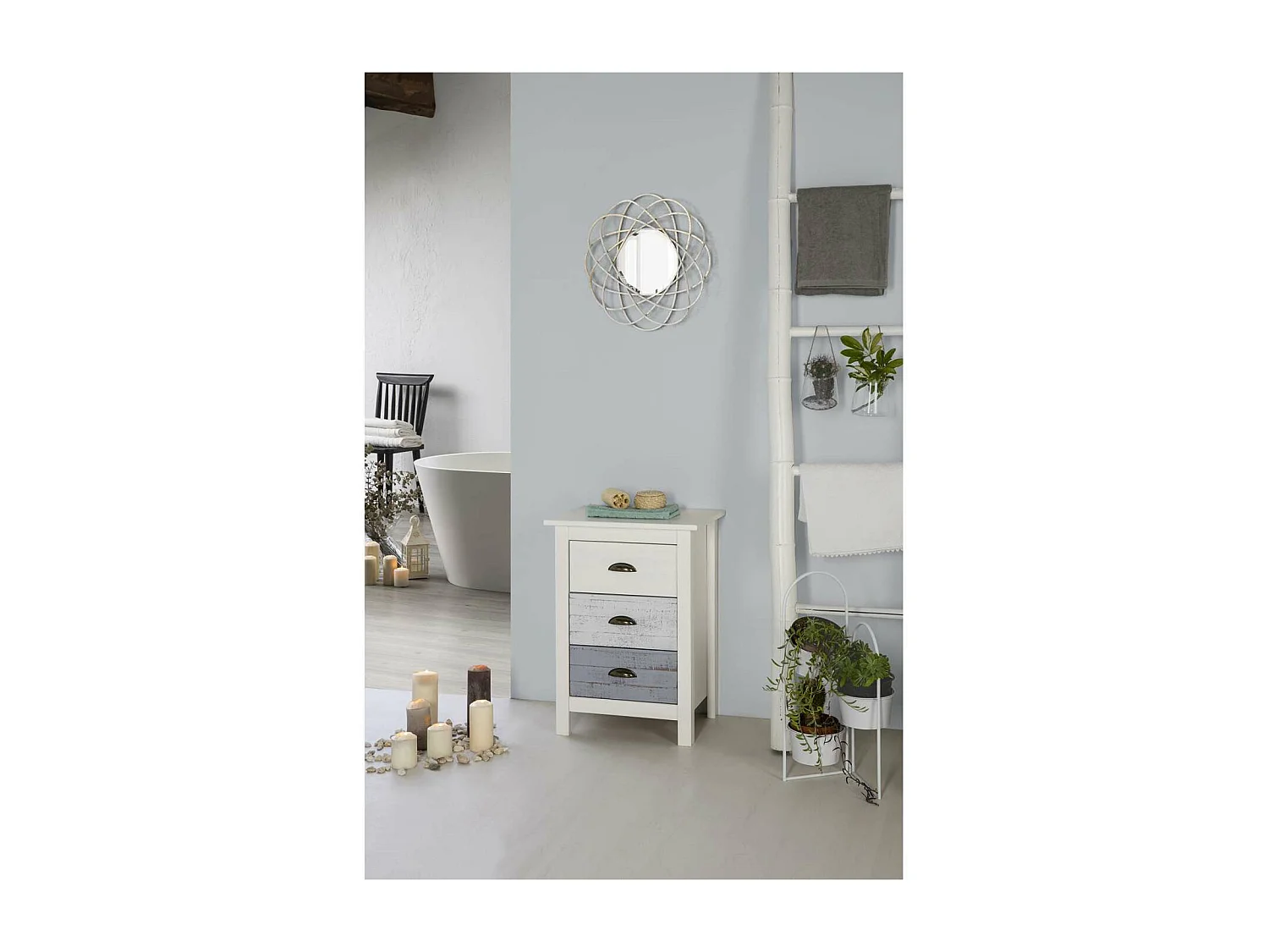 Mesita modelo Amor 3 cajones acabado blanco, 46 cm (Ancho) 35 cm (Fondo) 65 cm (Alto