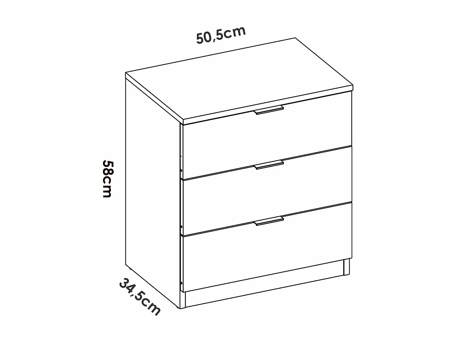 Mesita de noche con 3 cajones acabado blanco, 58cm(alto) 50.5cm(ancho) 34.5cm(fondo)