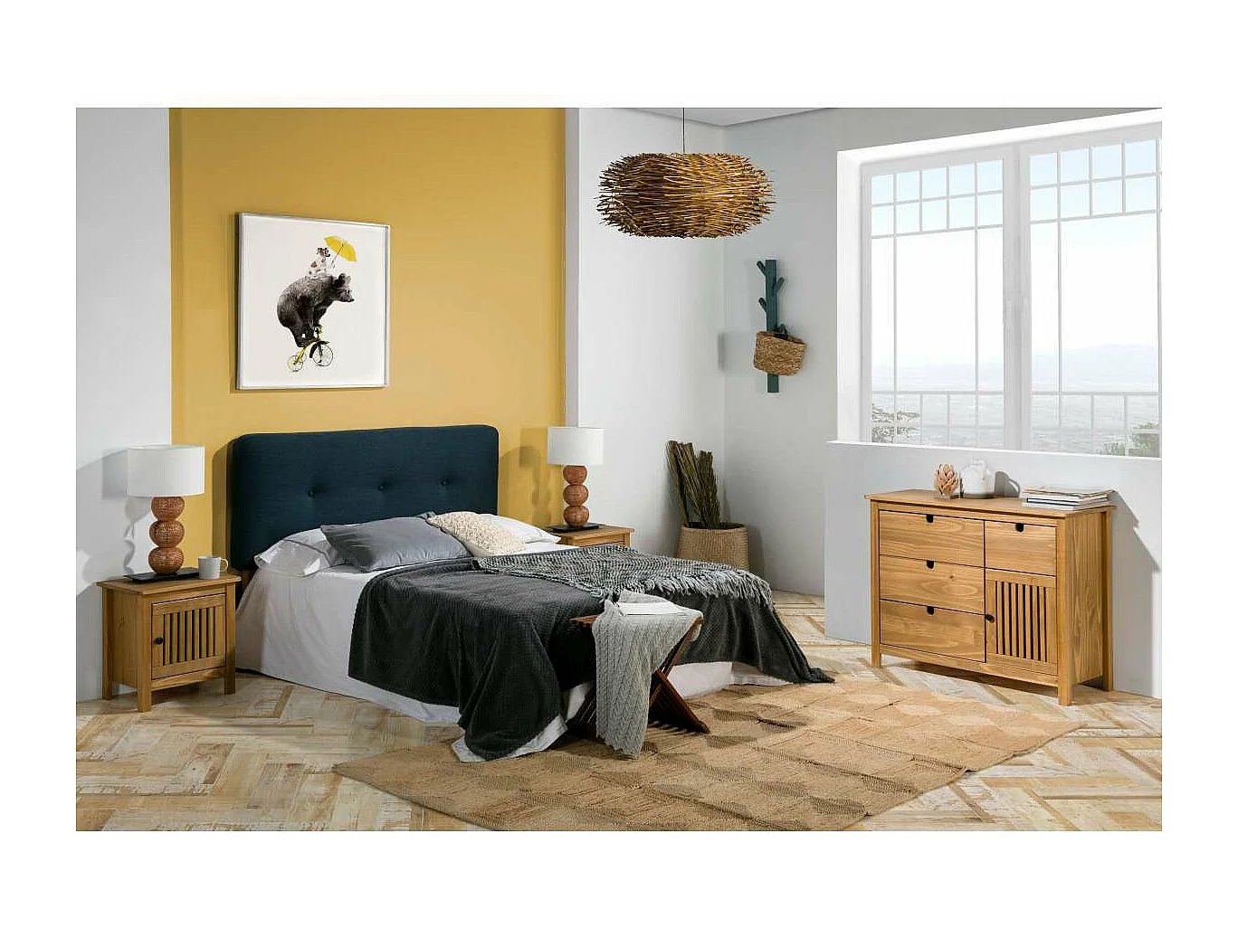 Mesita de noche 1 puerta acabado natural modelo Luna, 46 cm(ancho) 49.5 cm(alto) 35 cm (fo