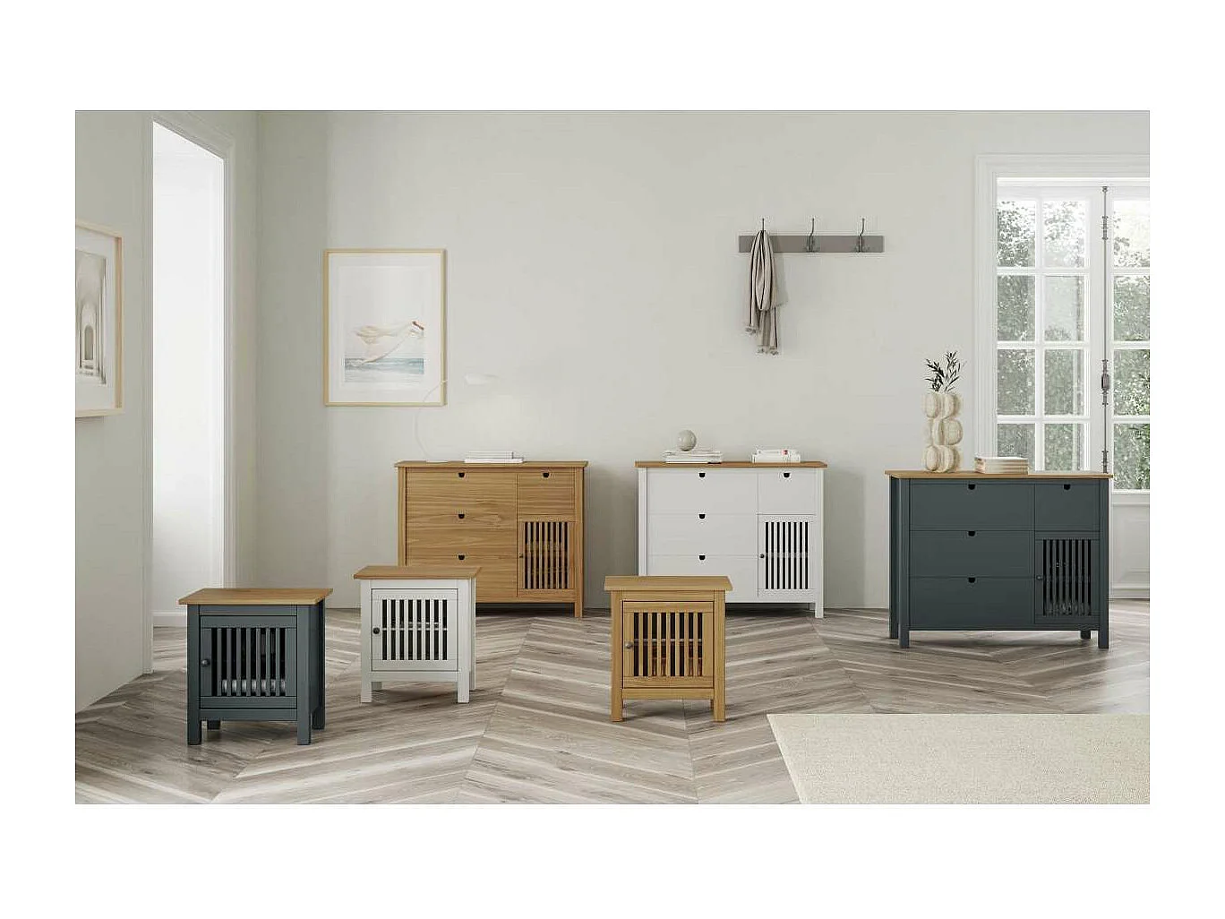 Mesita de noche 1 puerta acabado natural modelo Luna, 46 cm(ancho) 49.5 cm(alto) 35 cm (fo