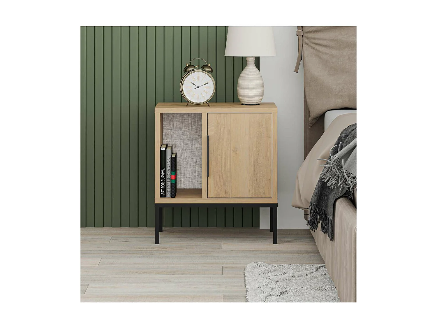 Mesita de noche para dormitorio Md-Leo 1 puerta, 1 hueco acabado roble/negro, 45cm(ancho)