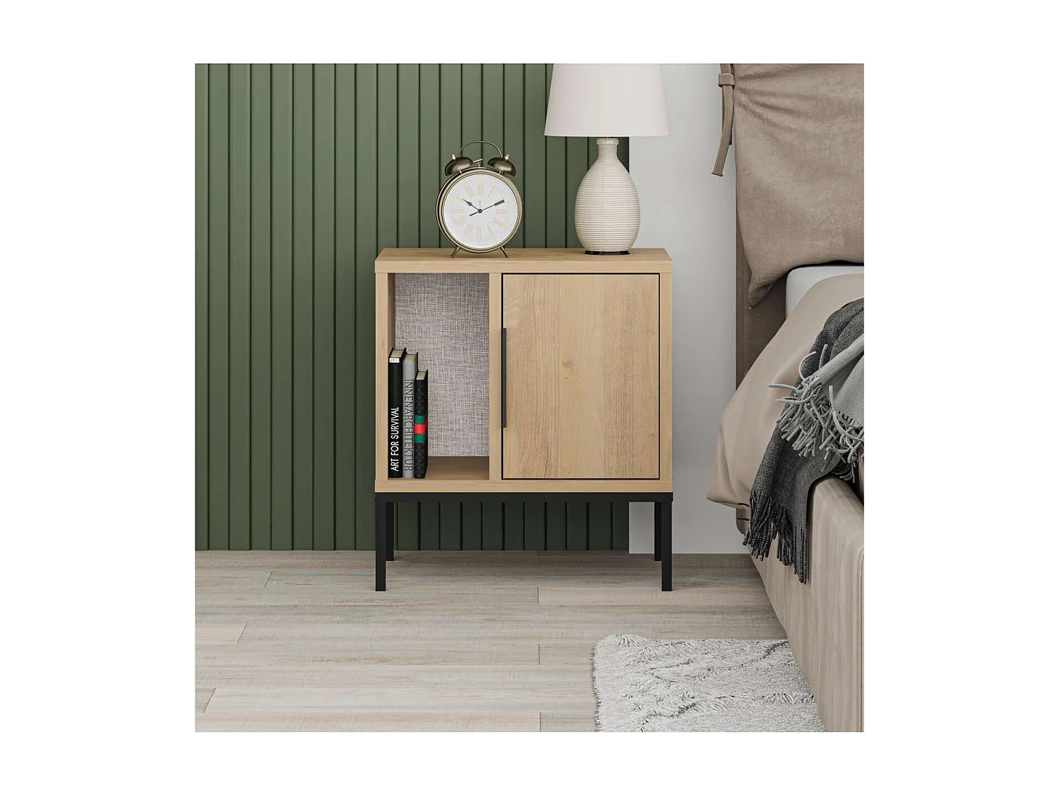 Mesita de noche para dormitorio Md-Leo 1 puerta, 1 hueco acabado roble/negro, 45cm(ancho)