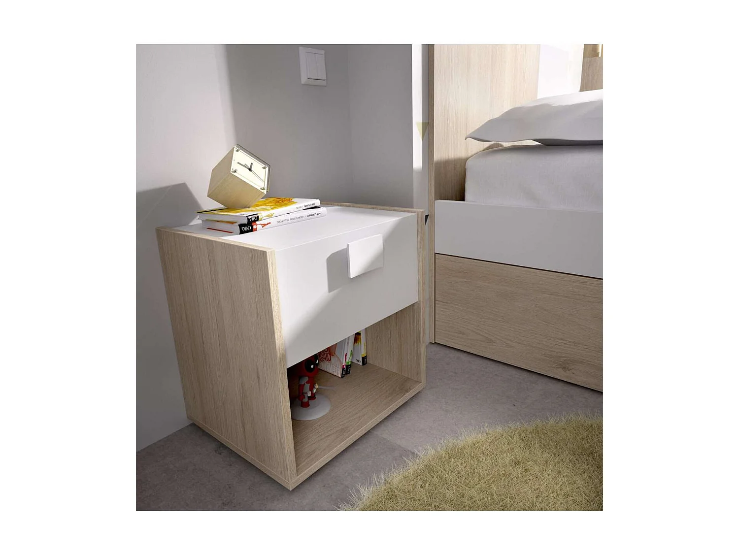 Mesita de noche Santisteban con 1 cajon en acabado natural/blanco 40 cm(alto)40 cm(ancho)3