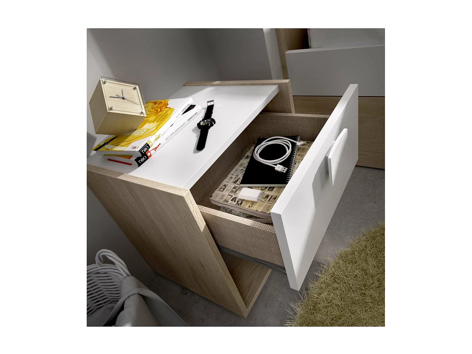 Mesita de noche Santisteban con 1 cajon en acabado natural/blanco 40 cm(alto)40 cm(ancho)3