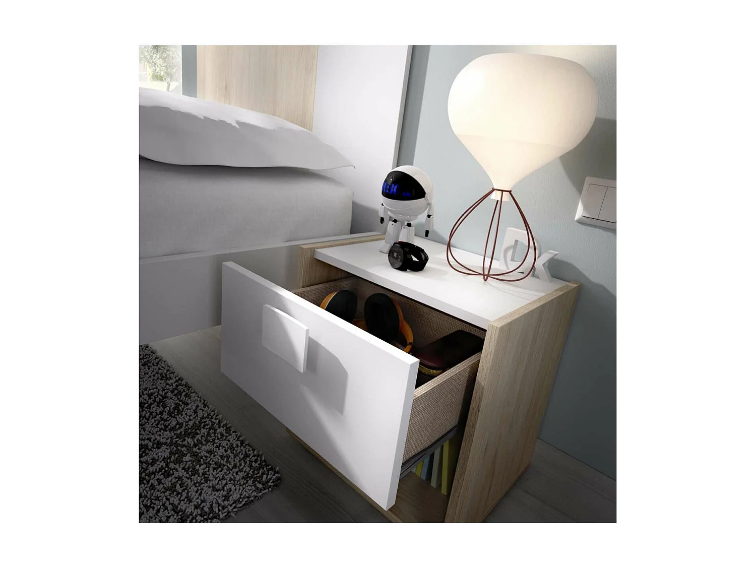 Mesita de noche Santisteban con 1 cajon en acabado natural/blanco 40 cm(alto)40 cm(ancho)3