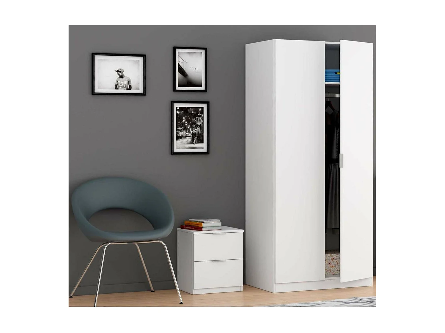 Mesita de noche Hierro 2 cajones acabado roble o blanco 45 cm(alto)38 cm(ancho)34 cm(fondo