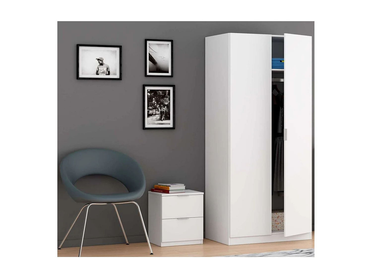 Mesita de noche Hierro 2 cajones acabado roble o blanco 45 cm(alto)38 cm(ancho)34 cm(fondo