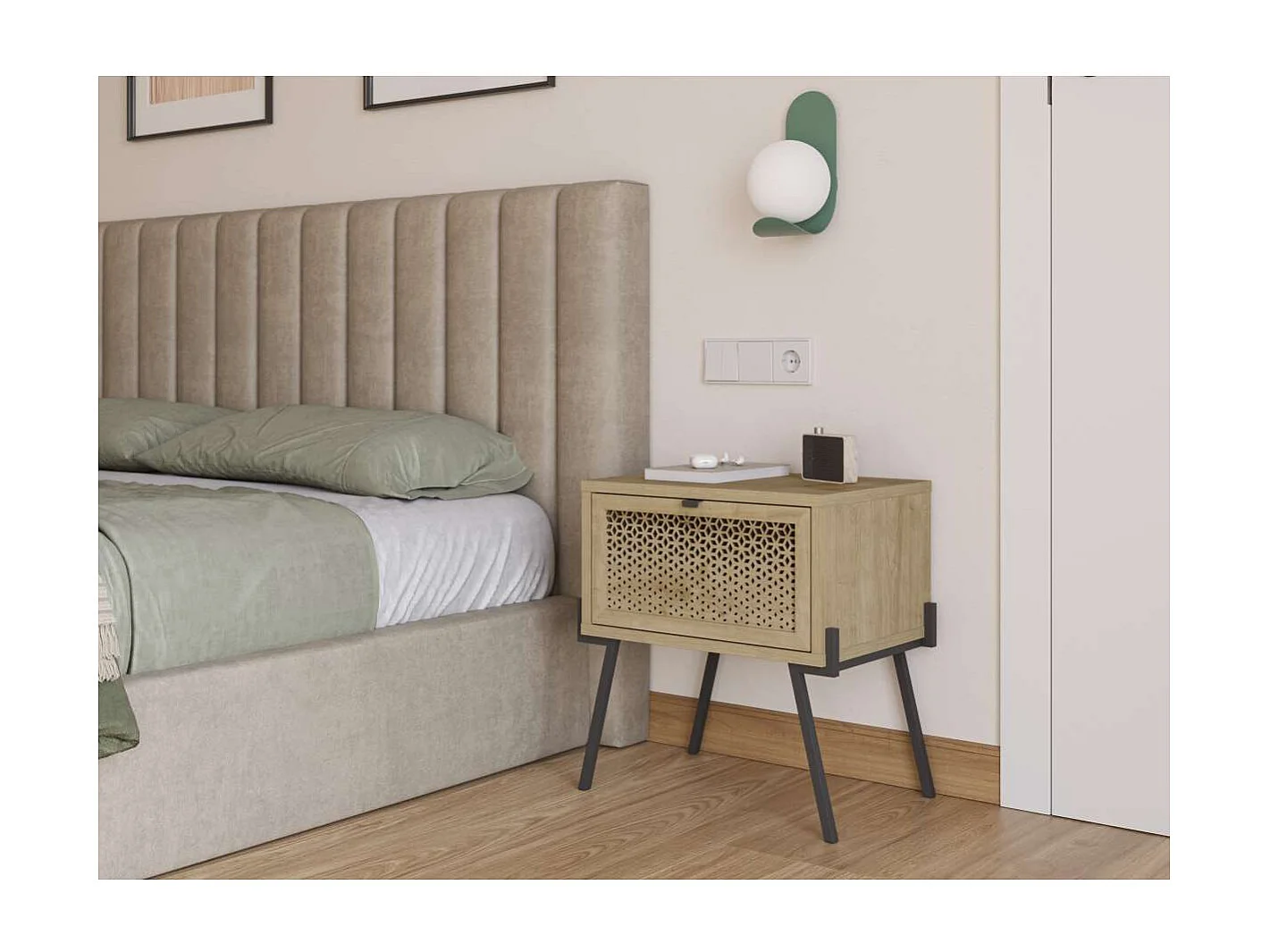 Mesita de noche para dormitorio Estela 1 puerta acabado roble/negro, 48cm(ancho) 50.5cm(al