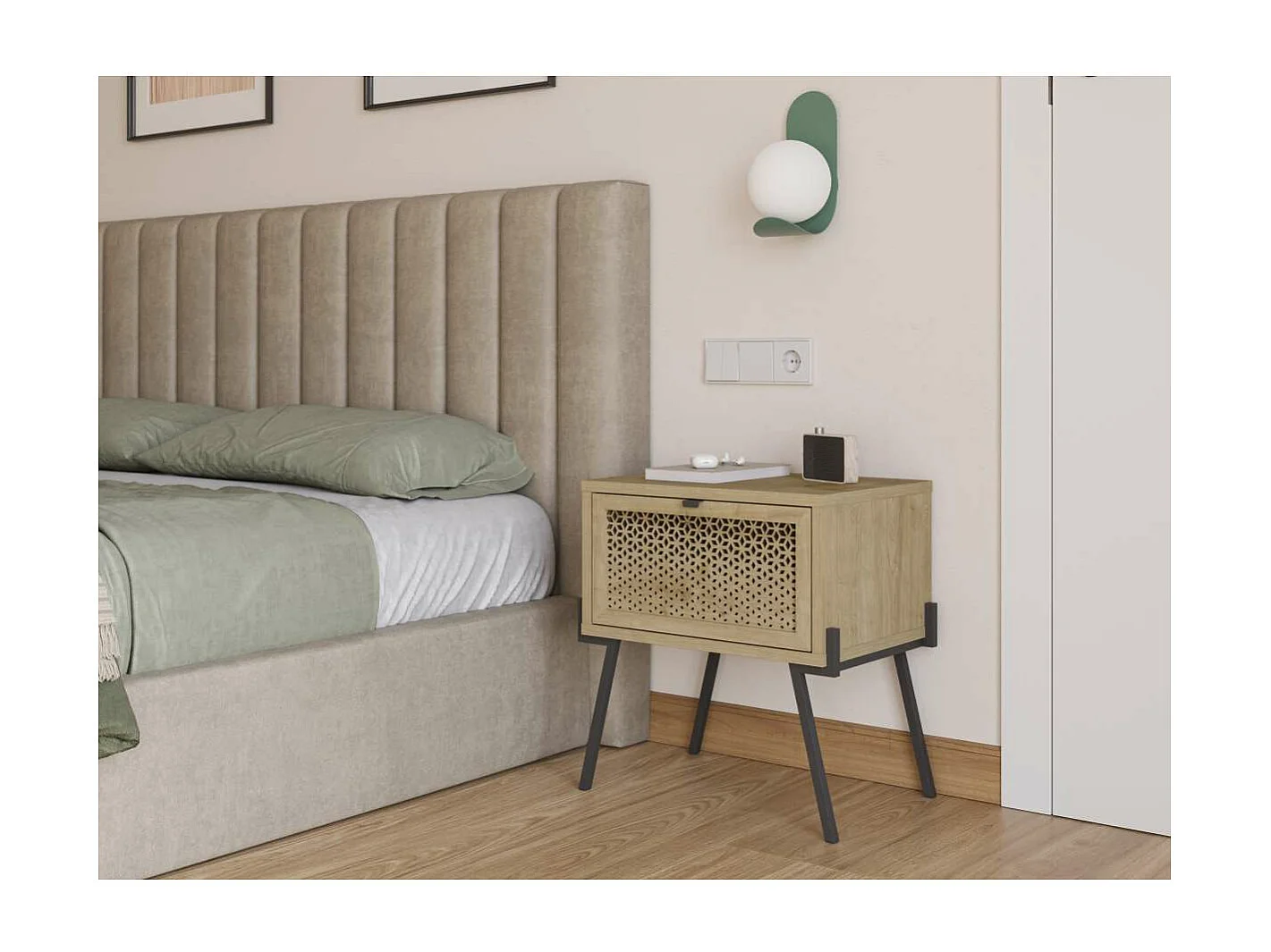 Mesita de noche para dormitorio Estela 1 puerta acabado roble/negro, 48cm(ancho) 50.5cm(al