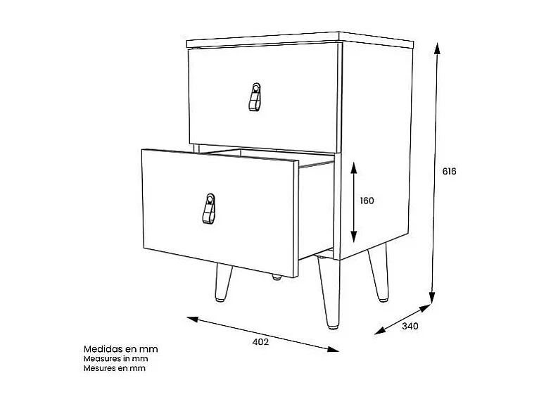 Mesita Tokio con 2 cajones en blanco poro. 61 cm(alto), 40 cm(ancho), 34 cm(fondo)
