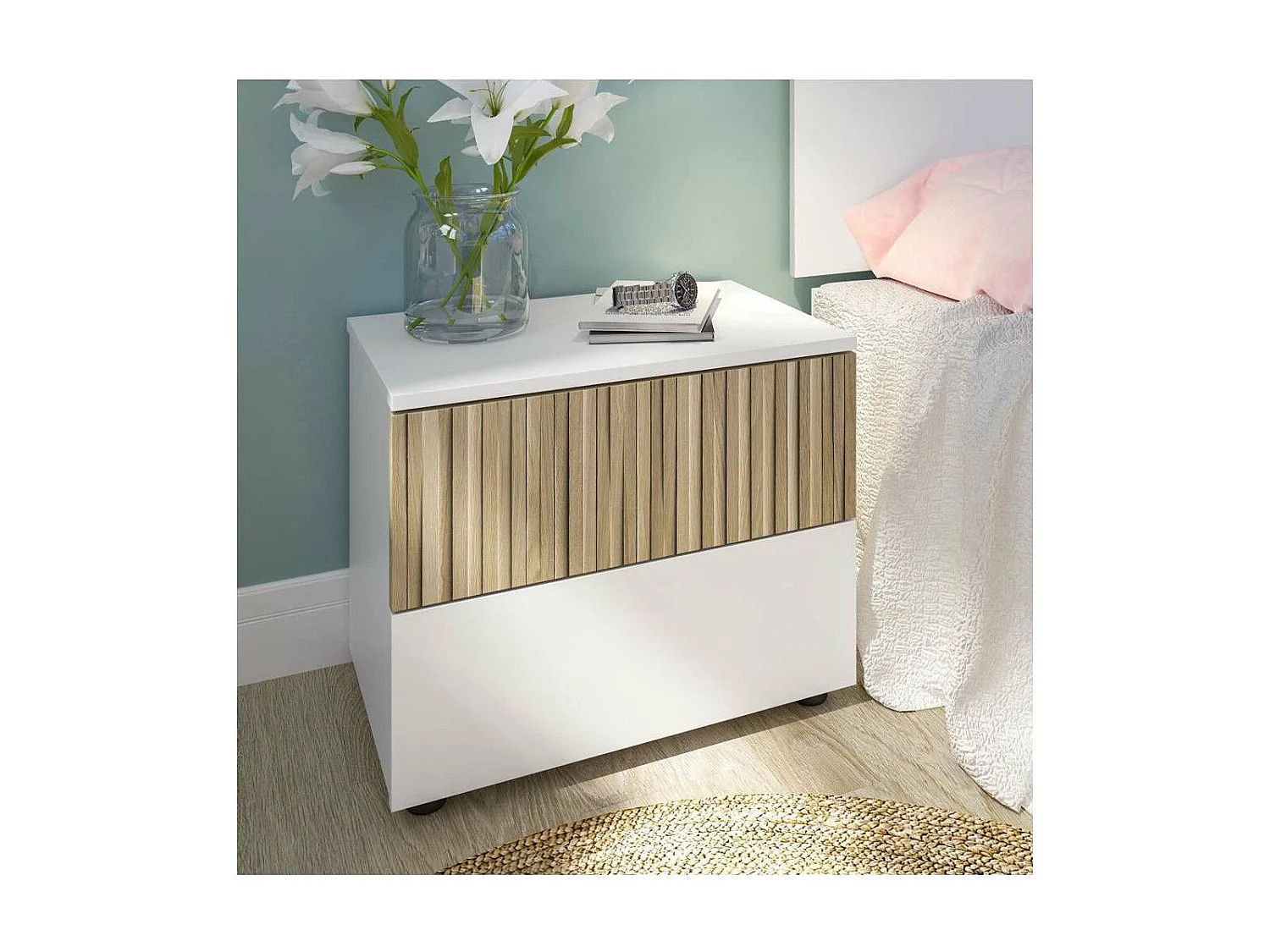 Mesita de noche Arturo 2 cajones acabado blanco artik/natur, 41.5cm(alto) 50cm(ancho) 34cm