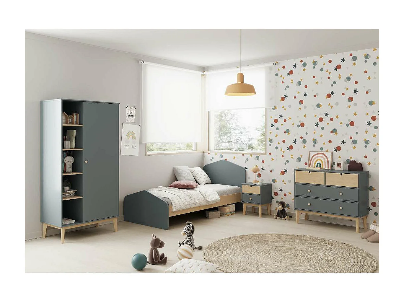 Mesita de noche para dormitorio Estela 2 cajones acabado verde kaki/cera blanca, 40cm(anch