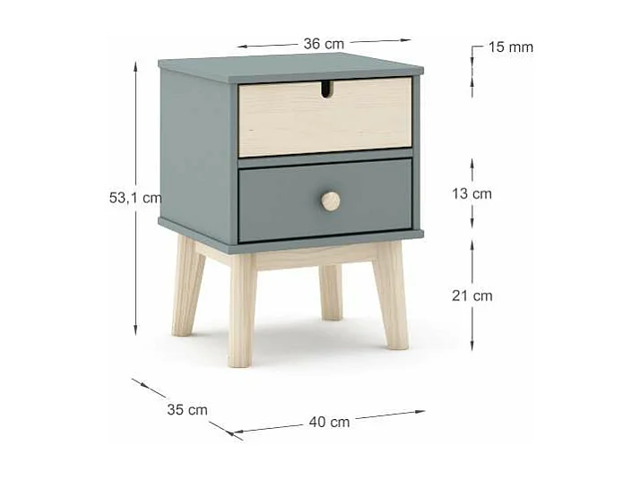 Mesita de noche para dormitorio Estela 2 cajones acabado verde kaki/cera blanca, 40cm(anch