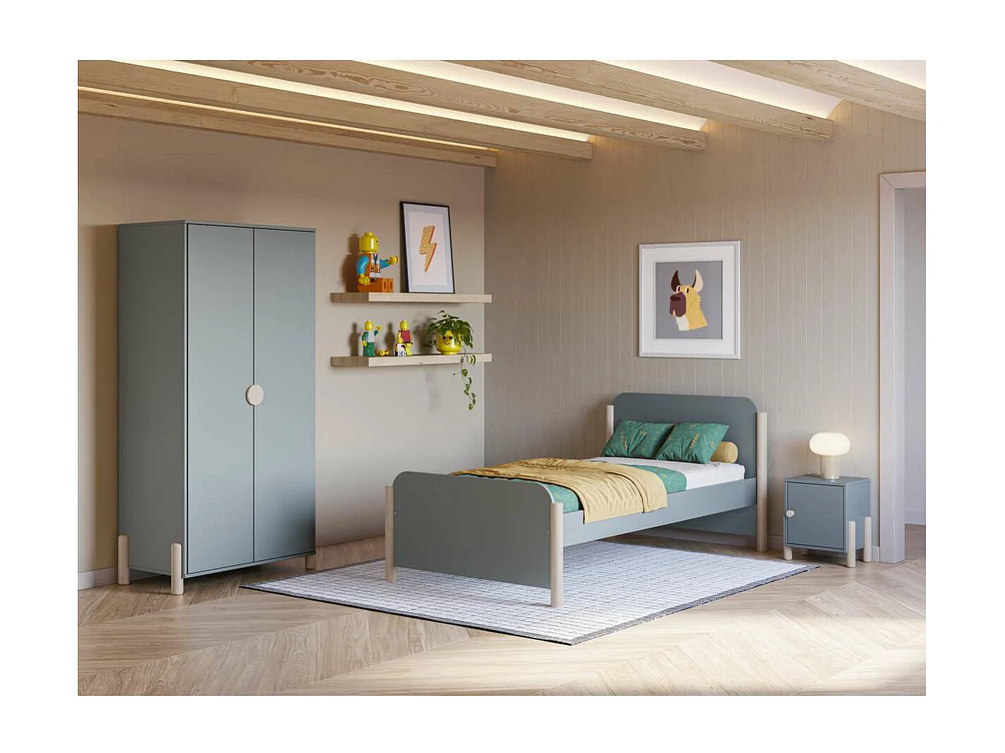 Mesita de noche para dormitorio Emma 1 puerta acabado verde kaki/cera blanca, 39.4cm(ancho