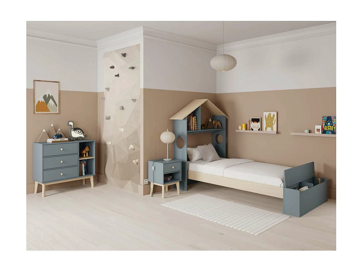 Mesita de noche para dormitorio Dylan 1 cajón acabado verde kaki/cera blanca, 40cm(ancho)