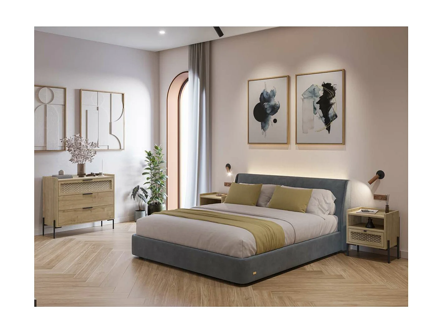 Mesita de noche para dormitorio India 1 cajón 1 hueco acabado verde roble/negro, 48.9cm(a