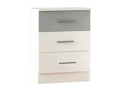 Mesita de noche con 3 cajones acabado blanco-plata, 66cm(alto) 46cm(ancho) 33cm(fondo)