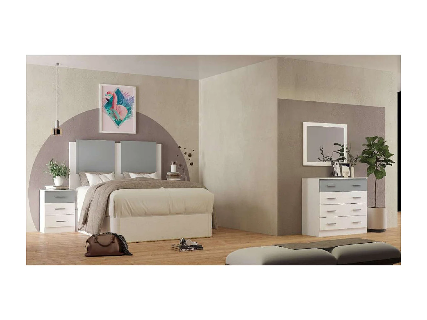 Mesita de noche con 3 cajones acabado blanco-plata, 66cm(alto) 46cm(ancho) 33cm(fondo)