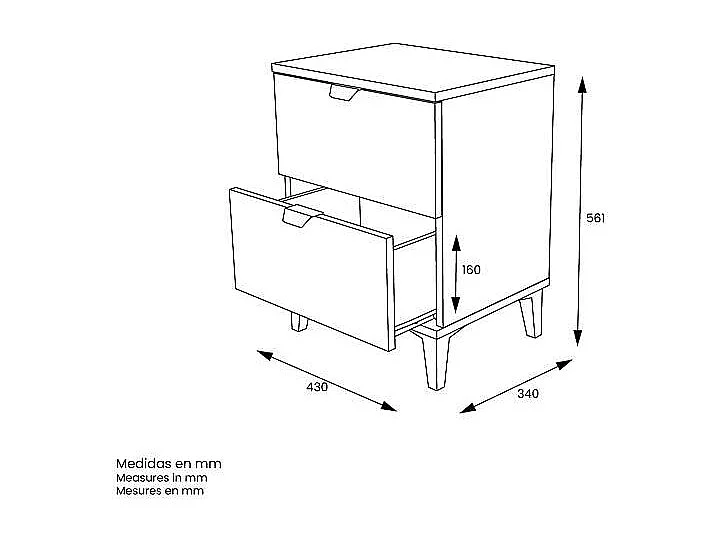 Mesita de noche 2 cajones en acabado blanco 56 cm(alto)43 cm(ancho)34 cm(fondo)