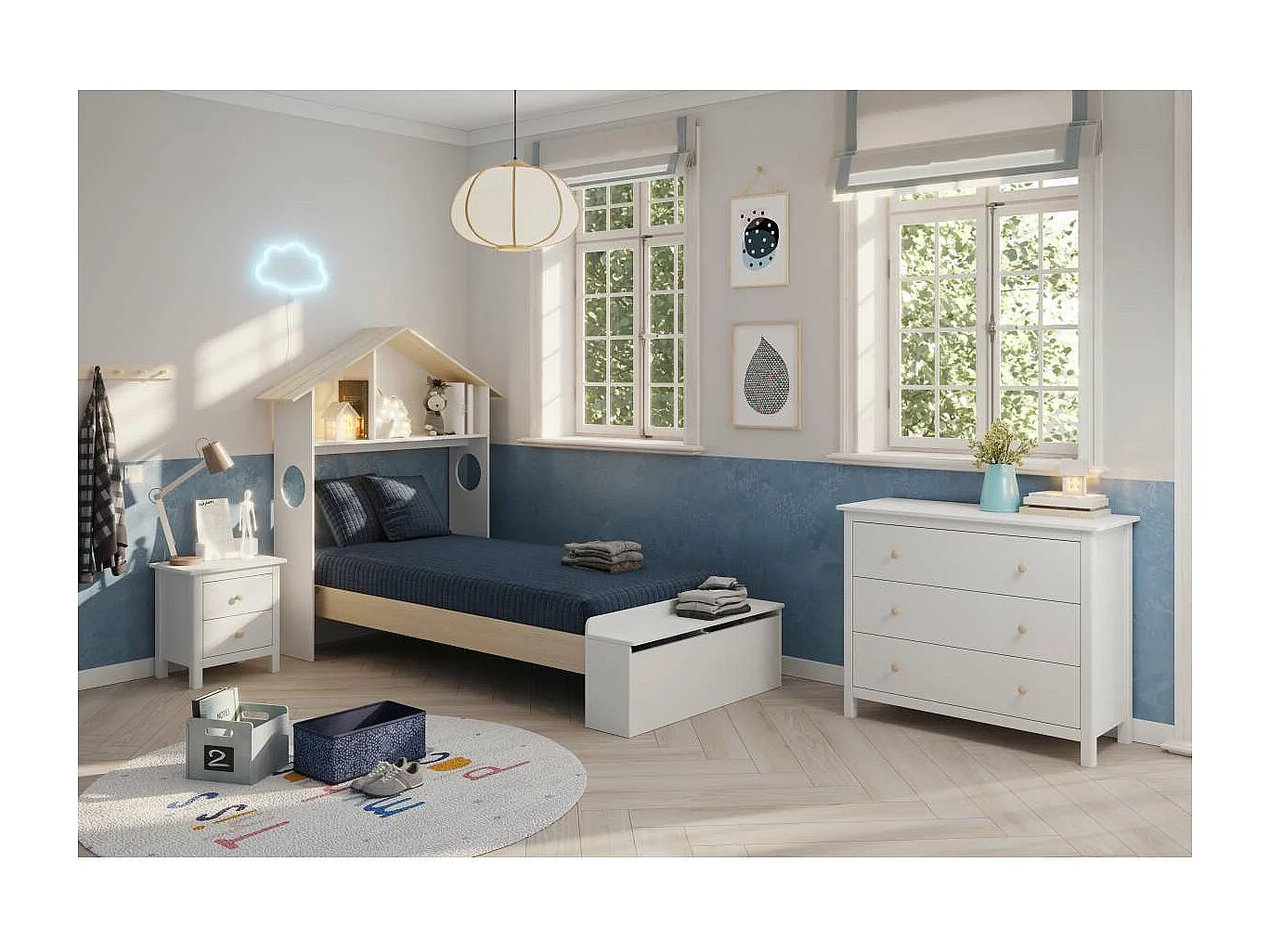 Mesita de noche 2 cajones Maxi acabado blanco, 49.5cm(alto) 46cm(ancho) 35cm(fondo)