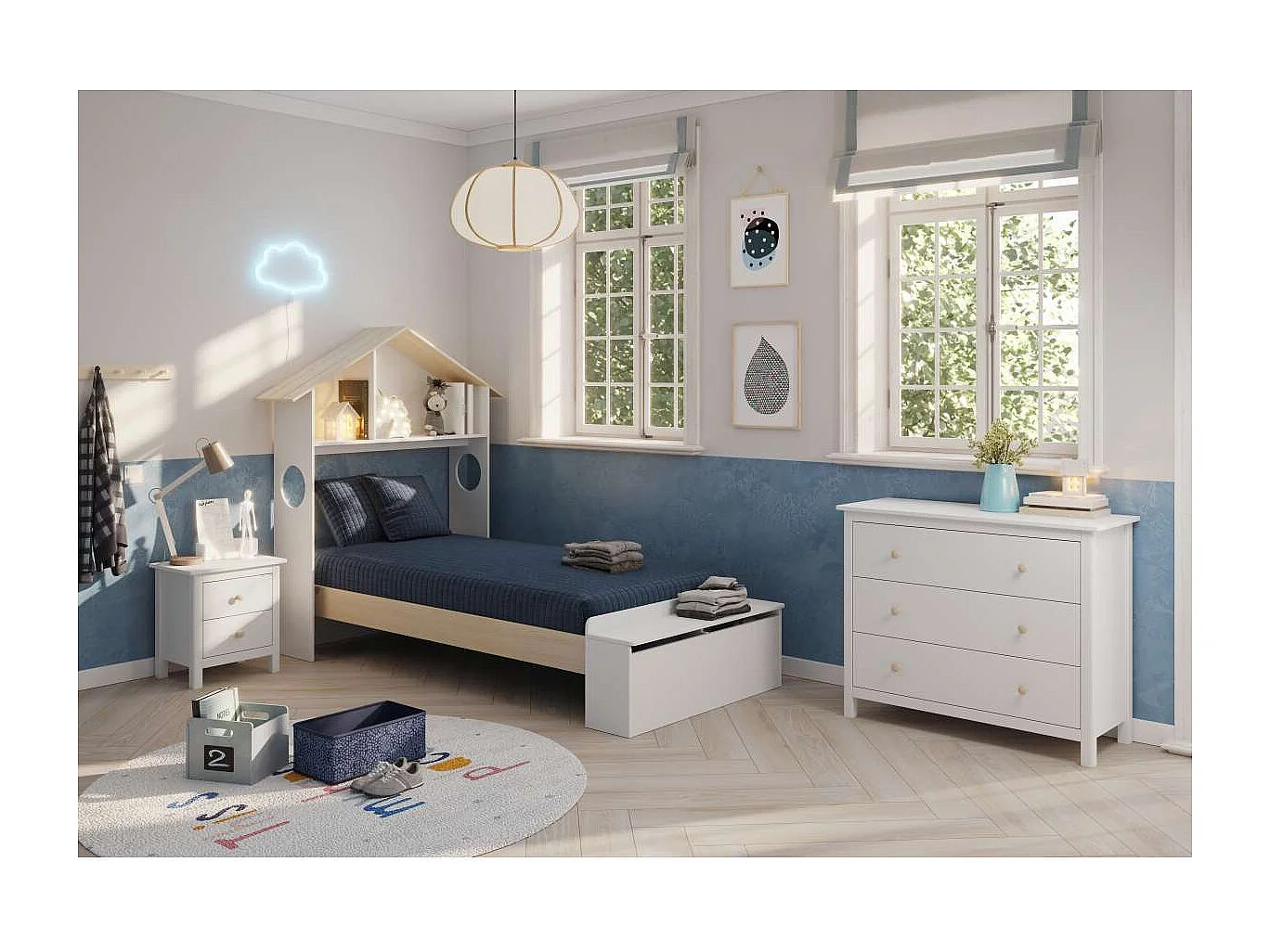 Mesita de noche 2 cajones Maxi acabado blanco, 49.5cm(alto) 46cm(ancho) 35cm(fondo)