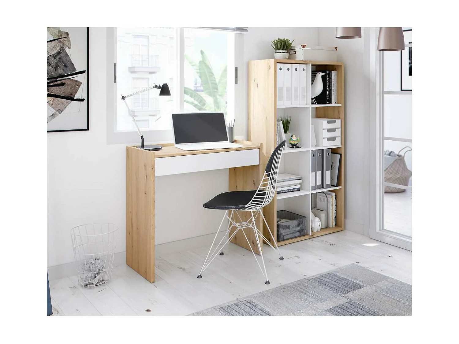 Mesa escritorio Luka con cajón acabado en Roble y Blanco Artik  77 cm(alto) x 82 cm (anch