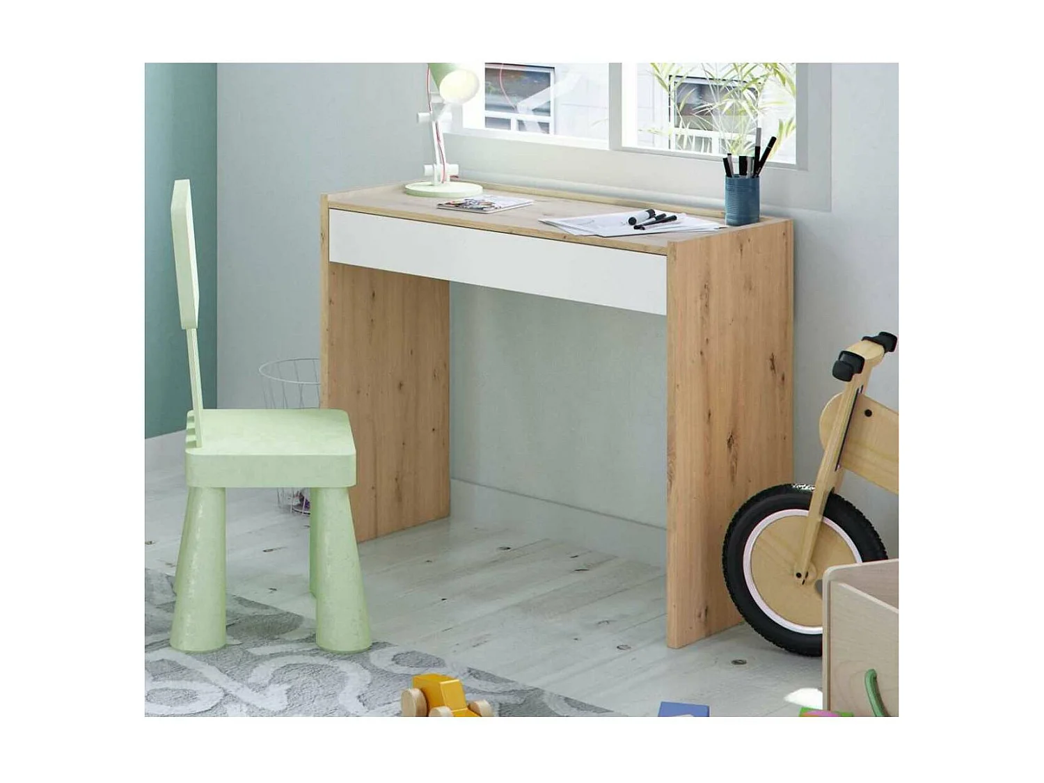 Mesa escritorio Luka con cajón acabado en Roble y Blanco Artik  77 cm(alto) x 82 cm (anch